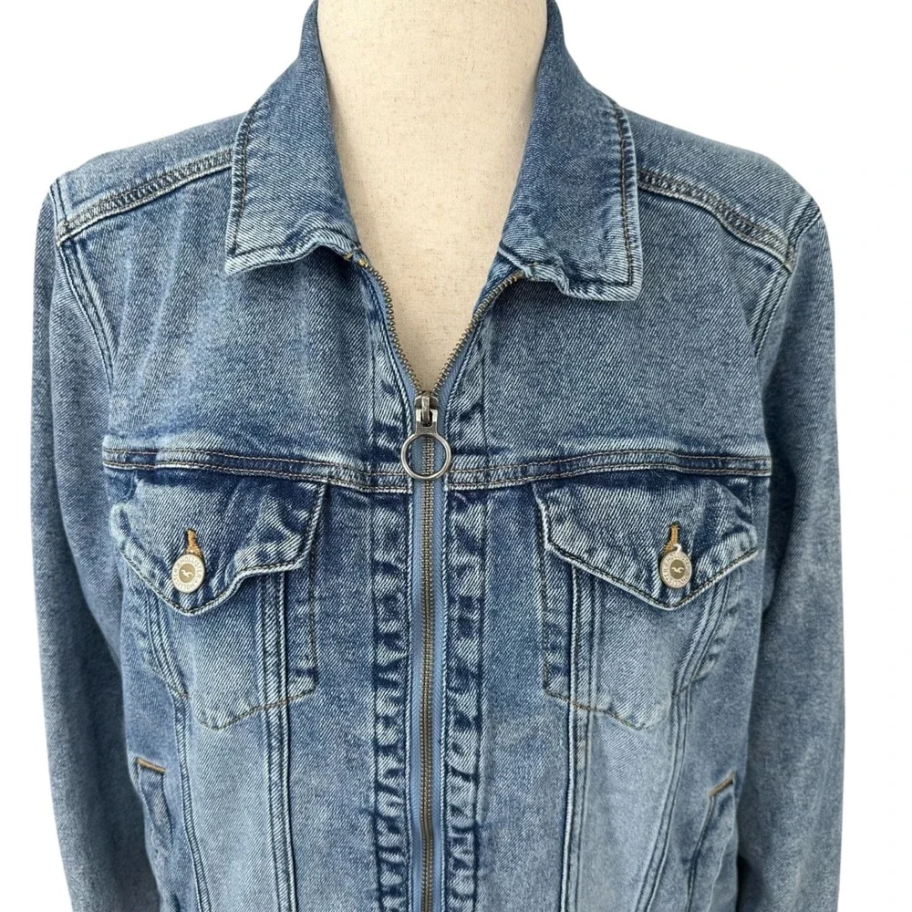 HOLLISTER Womens XL Full Zipper Front Acid Washed Blue Denim Stretch Jean Jacket - Picture 3 of 11